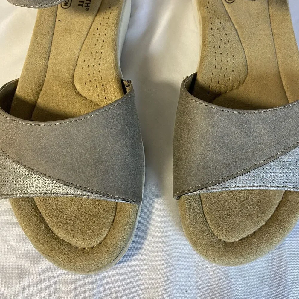 Earth Spirit Sandals 7 Taupe Silver Metallic‎ Comfort Wedge Ankle Strap Vacation